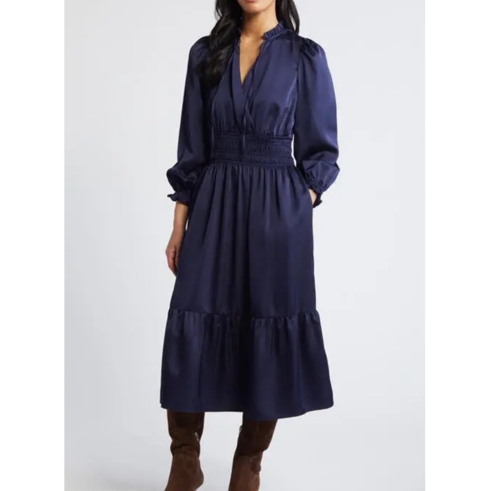 Eliza J Size 12 Navy Blue Long Sleeve Satin‎ Midi Dress Formal Party Neutral
